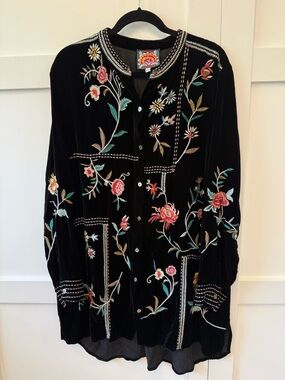 Johnny Was Black Velvet Dress with Floral Embroidery